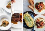Images of four of the 20 classic French recipes -- tarragon chicken, steak au poivre, omelet, and braised beef with carrots.