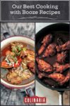 Images of two cooking with booze recipes -- seafood gumbo and chicken drumsticks braised in red wine.