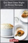 Images of 2 of the 26 Valentine's day recipes for a date night at home -- parmesan souffles and tarragon chicken.