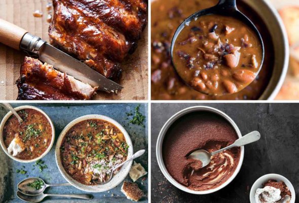 Images of four of the 16 Instant Pot recipes -- pressure cooker ribs, cranberry beans with chorizo, chicken gumbo, and pressure cooker chocolate pudding.