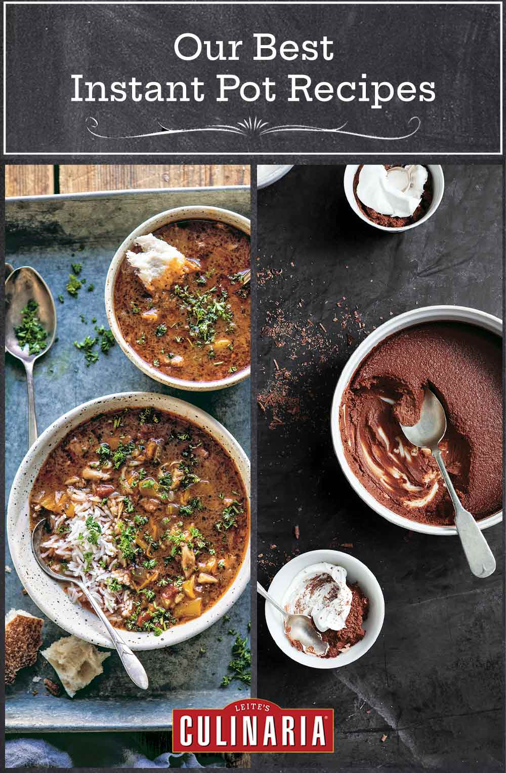 Images of two of the 16 Instant Pot recipes -- chicken gumbo and chocolate pudding.