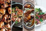 Images of four of the 27 low-carb dinner recipes -- roast chicken with pancetta and olives, gung bao chicken, Catalan lamb skewers, and Thai beef salad.