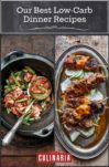 Images of two of the 27 low-carb dinner recipes -- gung bao chicken and Catalan lamb skewers.