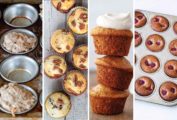 Images of four of the 8 magnificent muffin recipes -- carrot muffins, blueberry pecan muffins, banana bread muffins, mini muffin financiers.