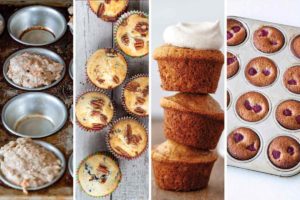 Images of four of the 8 magnificent muffin recipes -- carrot muffins, blueberry pecan muffins, banana bread muffins, mini muffin financiers.