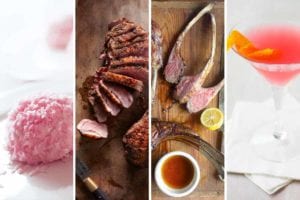Images of four of the pink food and drink for your Valentine's dinner -- sno balls, seared duck breast, lamb chops, and a cosmpolitan.
