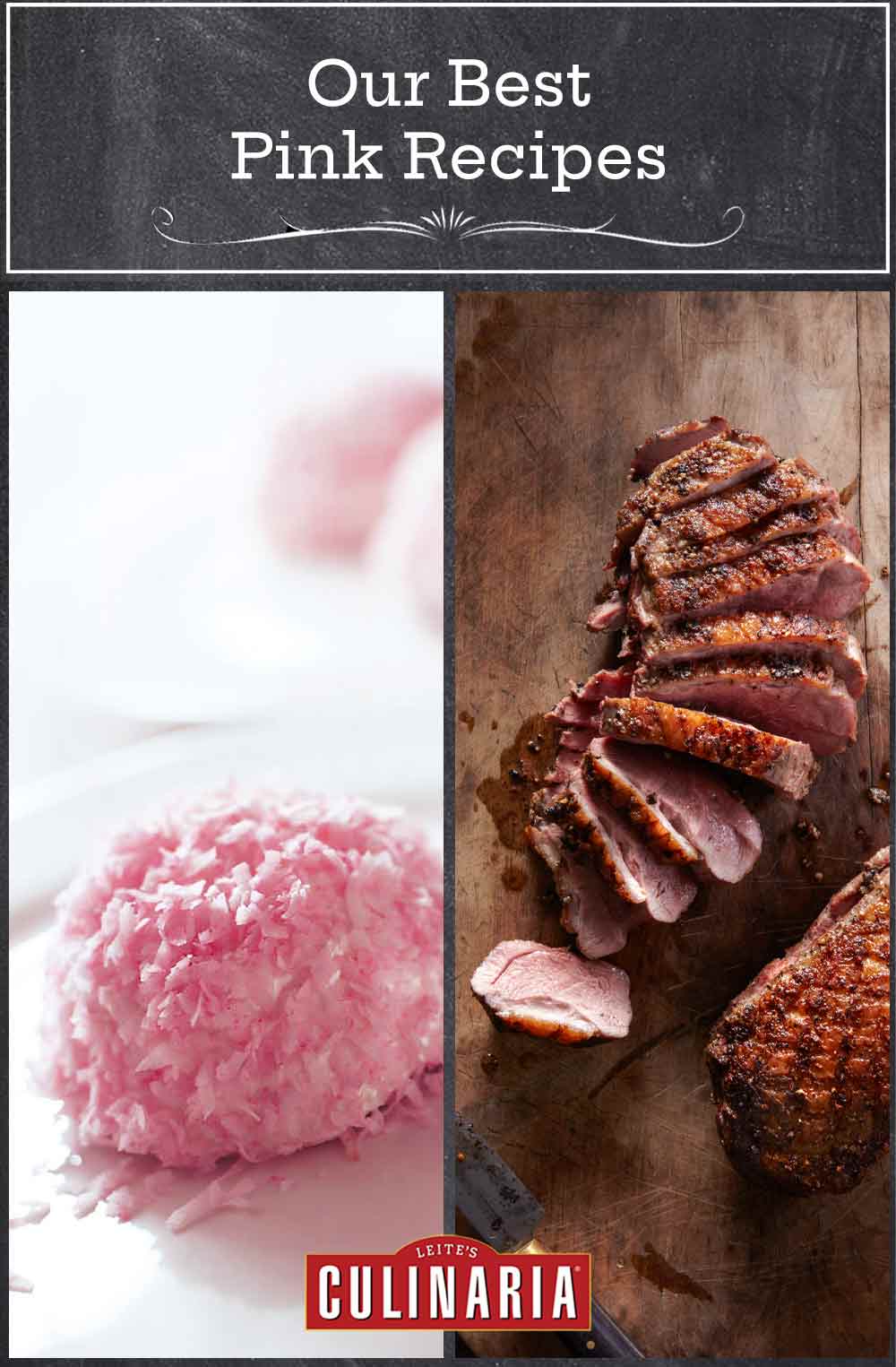 Images of two of the pink food and drink for your Valentine's dinner -- sno balls, and seared duck breast.