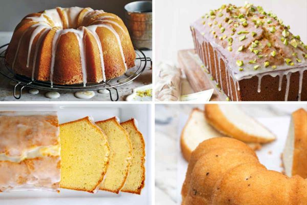 Images of 4 of the 11 pound cake recipes -- lemon pound cake, pistachio pound cake, cream cheese pound cake, and vanilla pound cake.