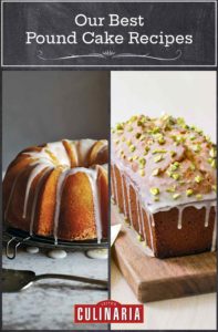 Images of 2 of the 11 pound cake recipes -- lemon pound cake and pistachio pound cake.