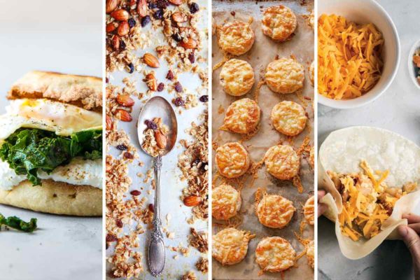 Images of four of the 18 quick weekday breakfasts -- breakfast sandwich, coconut almond granola, bite size bacon and cheese scones, and breakfast burritos.