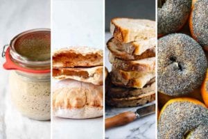 Images of four of the 9 sourdough bread recipes -- sourdough starter, sourdough pita, sourdough bread, and sourdough bagels.