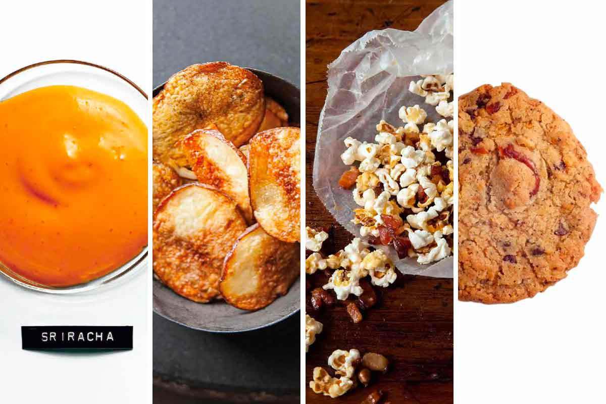 Images of 4 of the 10 Super Bowl Snacks recipes -- sriracha mayo, baked potato chips, popcorn with bacon fat, and compost cookies.