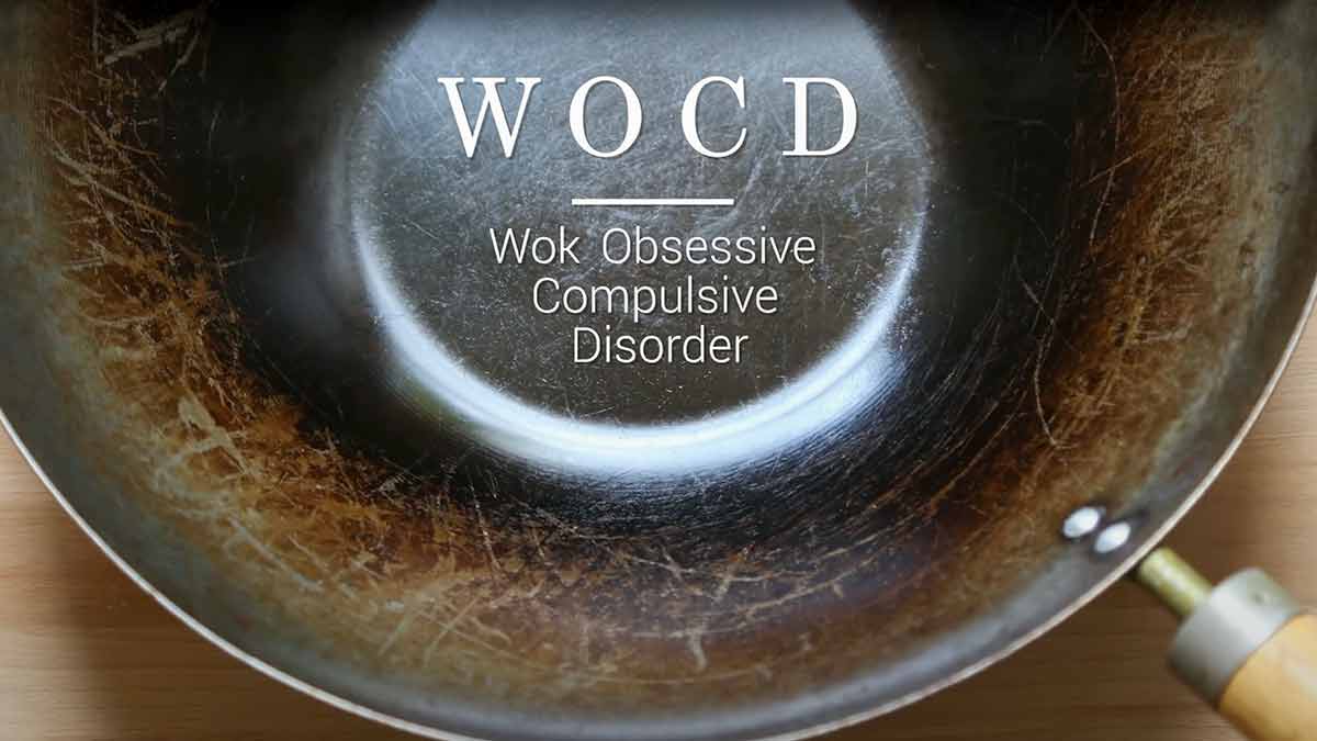 A scratched wok with WOCD text for the podcast Talking With my Mouth Full, Ep. 39: Everything Wok with Grace Young.