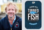 An image of Bart van Olphen and the cover of his first cookbook, Cooking with Tinned Fish.