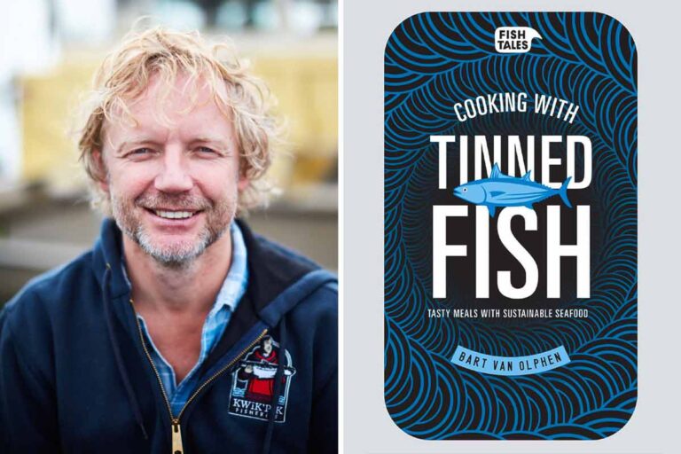An image of Bart van Olphen and the cover of his first cookbook, Cooking with Tinned Fish.