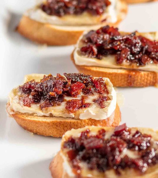 Four Brie and bacon jam crostini