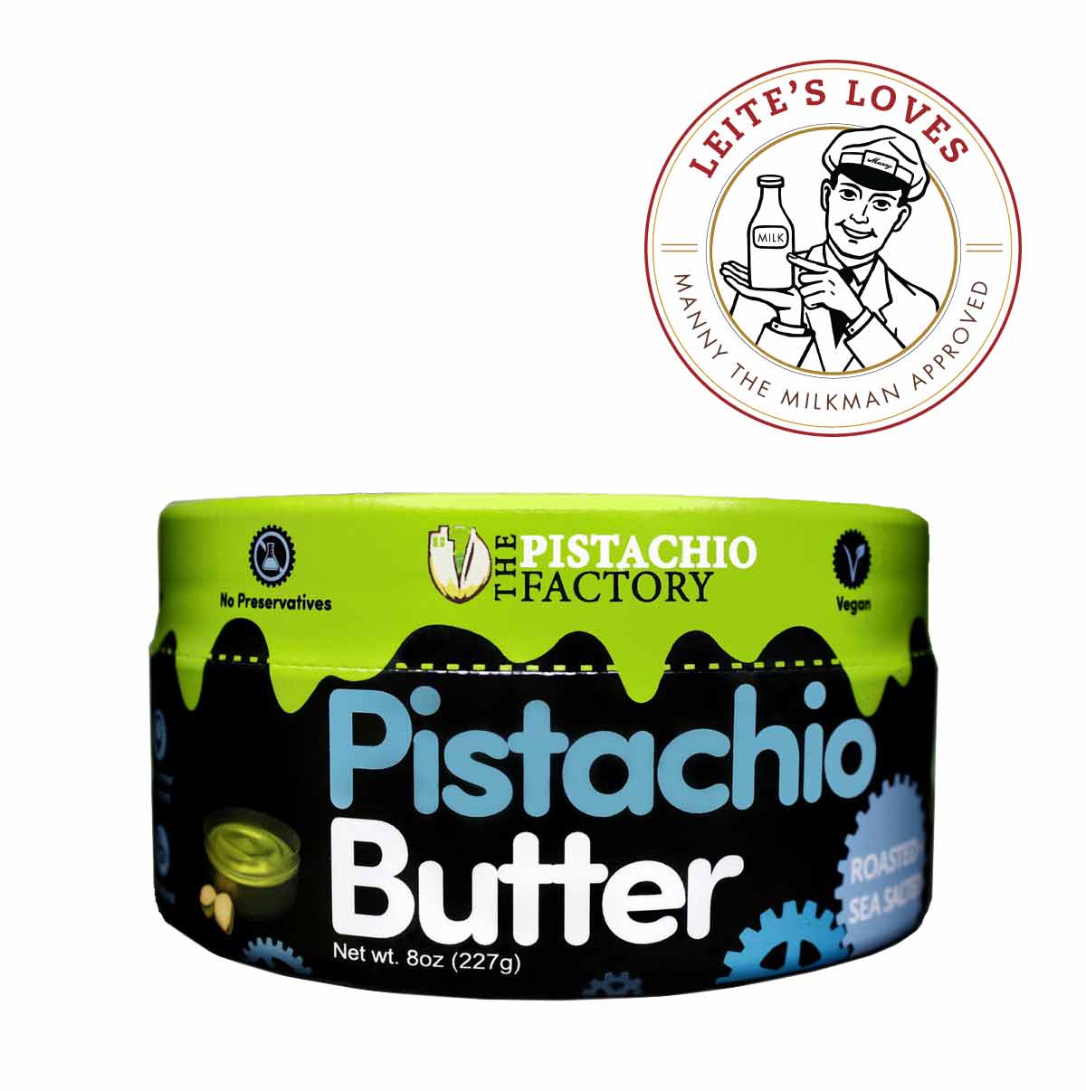 A black and green jar of The Pistachio Factory's pistachio butter.
