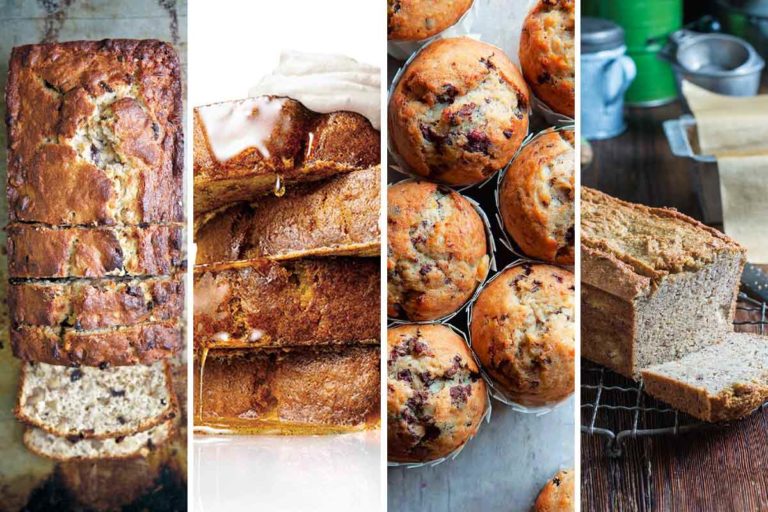 Images of 4 of the 8 banana bread recipes -- bourbon spiked banana bread, banana bread french toast, banana muffins, and paleo banana bread.