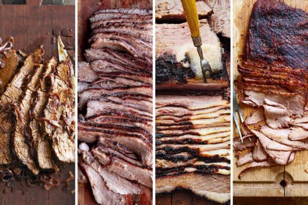 Images of four of the 11 brisket recipes -- braised brisket, Texas brisket, barbecue beef brisket, and smoked coffee brisket.