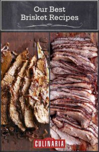 Images of two of the 11 brisket recipes -- braised brisket with red wine and honey, and Texas brisket.
