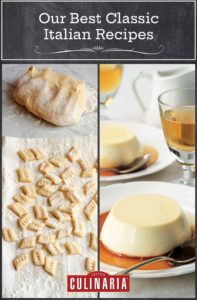 Images of two of the 35 classic Italian recipes -- potato gnocchi and panna cotta.