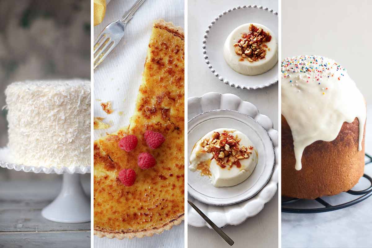Images of 4 of the 19 Easter desserts -- Brown Betty coconut cake, coconut creme brulee tart, coconut panna cotta, and kulich.