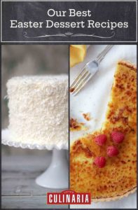Images of two of the 18 Easter desserts -- Brown Betty coconut cake, and coconut creme brulee tart.