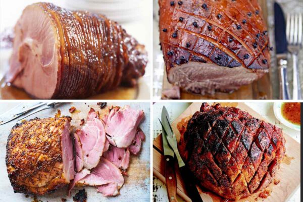 Images of 4 of the 7 holiday hams -- Dr Pepper glazed ham, root beer-glazed ham, Instant Pot ham, and glazed ham.