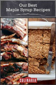 Images of 2 of the 18 maple syrup recipes -- fall off the bone ribs and maple walnut squares.