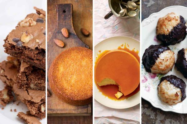 Images of 4 of the 16 irresistible Passover desserts -- Passover brownies, flourless almond cake, flan de leche, and coconut macaroons dipped in chocolate.