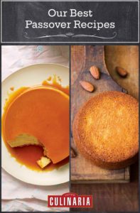Images of 2 of the 16 irresistible Passover desserts -- flan de leche and flourless almond cake.