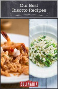 Images of 2 of the 10 risotto recipes -- shrimp risotto and asparagus risotto.
