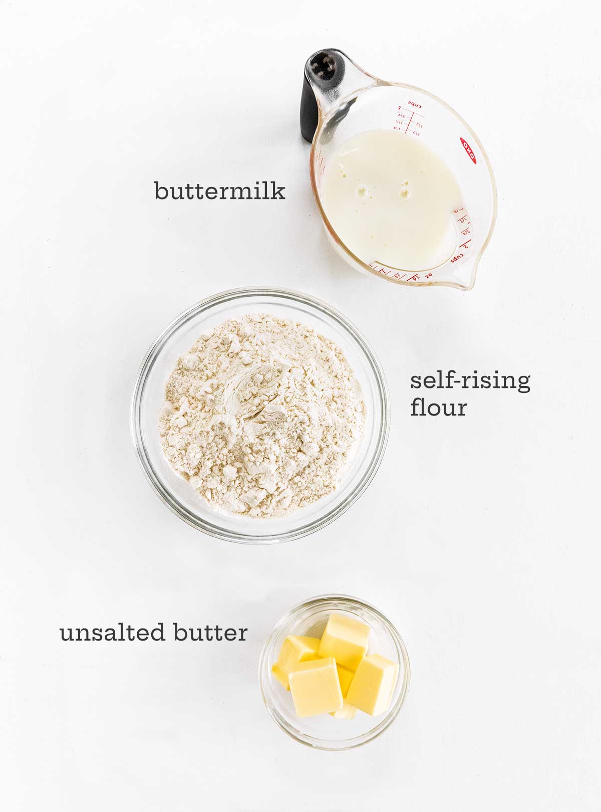 Ingredients for Southern buttermilk biscuits -- buttermilk, flour, and butter.