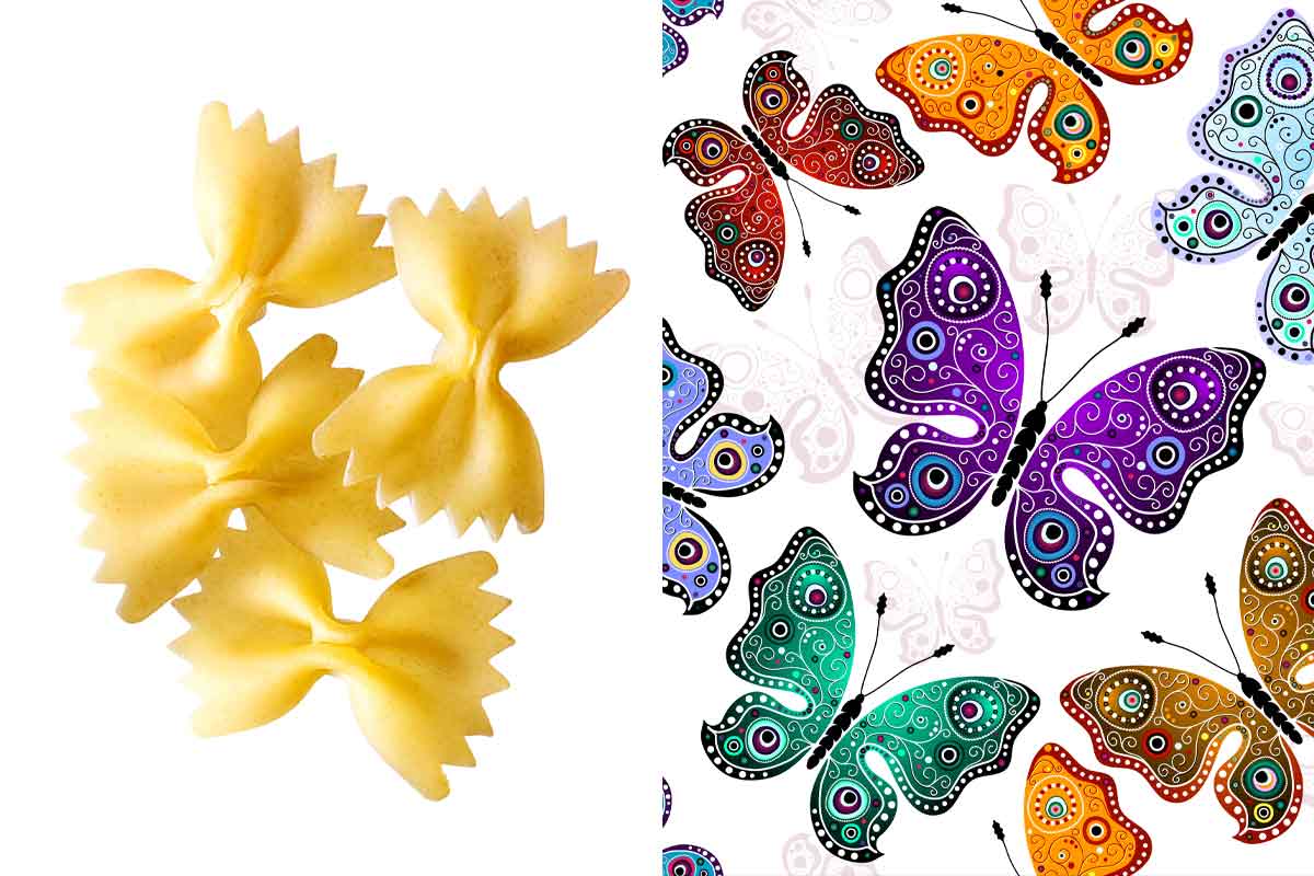 A pic of dry farfalle noodles with a picture of brightly coloured butterflies next to it. 