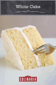 A wedge of classic white cake and white frosting with a fork cutting in