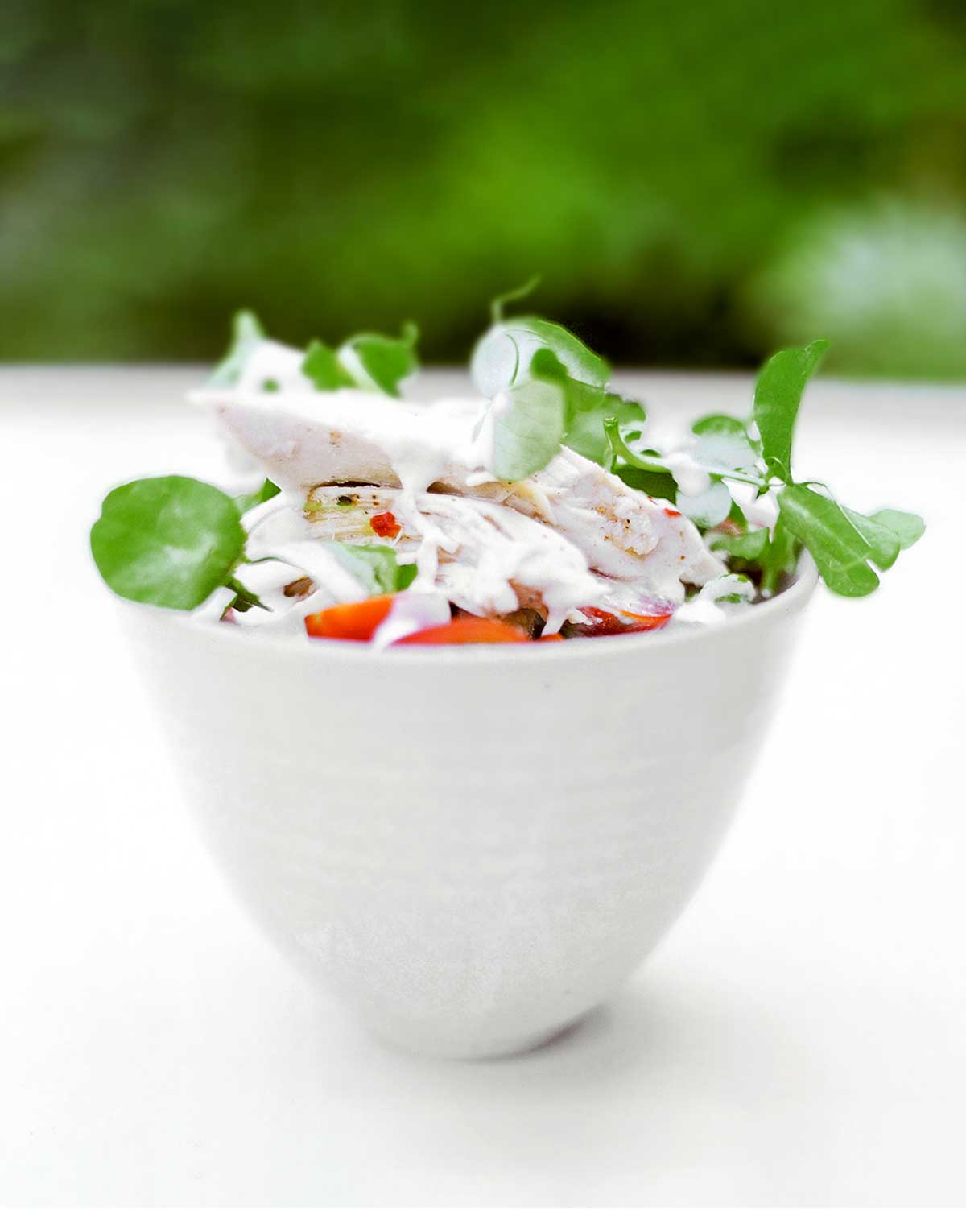 A small white bowl filled with chicken-pea shoot salad.