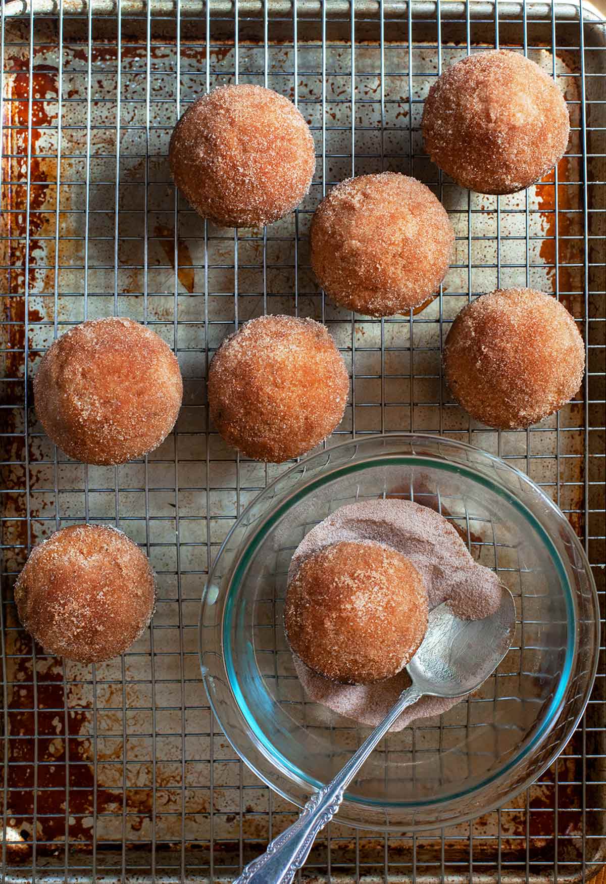 Seven dirt bombs on a wire rack over a baking sheet and a bowl of cinnamon sugar with one dirt bomb in it.