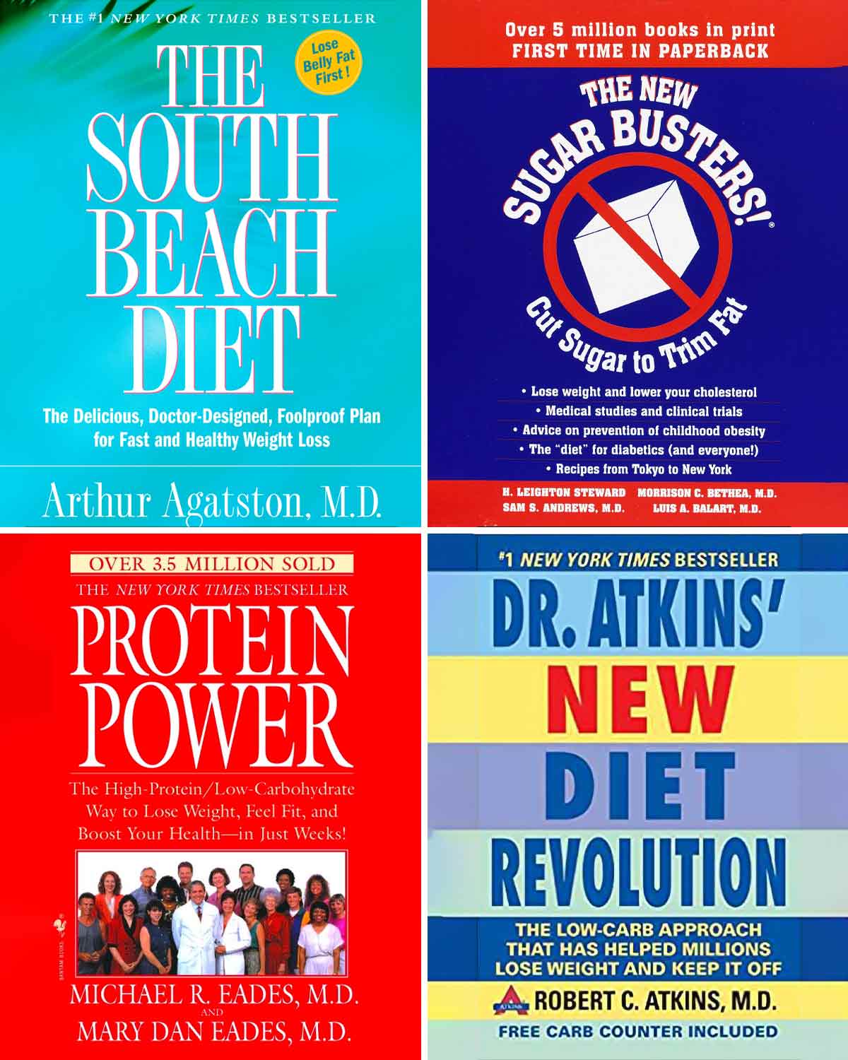 Four book covers -- The South Beach Diet, The New Sugar Busters!, Protein Power, and Dr. Atkins' New Diet Revolution -- for the Gary Taubes interview.