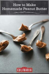 Five teaspoons, each topped with a swirl of homemade peanut butter.