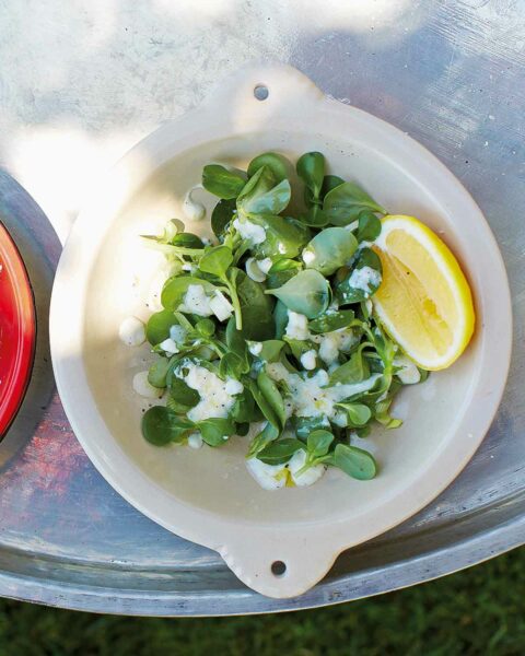 A bowl of purslane salad topped with yogurt and oil and a lemon wedge on the side, with a bowl of marinated tomatoes beside it.
