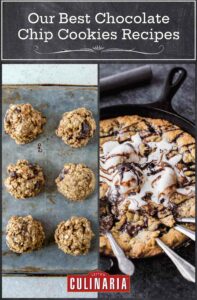 Images of 2 of the 24 chocolate chip cookie recipes -- breakfast cookies and chocolate chunk skillet cookie.