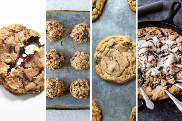 Images of 4 of the 24 chocolate chip cookie recipes -- whole wheat chocolate chip cookies, breakfast cookies, small batch chocolate chip cookies, and skillet chocolate chip cookie.