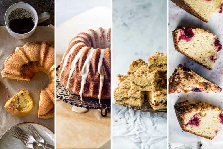 Images of 4 of the 12 coffee cake recipes -- sour cream coffee cake, coffee coffee cake, espresso cake, and raspberry streusel cake.