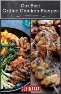 Images of 2 of the 14 grilled chicken recipes -- grilled chicken tacos with mango and grilled chicken skewers.