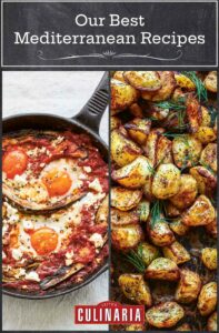 Images of two of the 17 Mediterranean recipes -- eggplant shakshuka and roasted potatoes with dill.