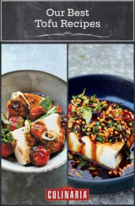 Images of 2 of the 13 tofu recipes -- silken tofu with soy sauced tomatoes and silken tofu with pine nuts.