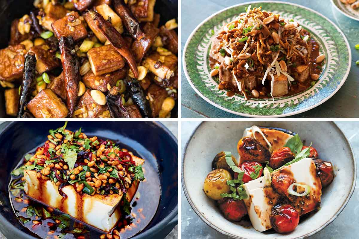 Images of 4 of the 13 tofu recipes -- spicy tofu with peanuts, deep-fried tofu with peanuts, silken tofu with pine nuts, and silken tofu with soy sauced tomatoes.