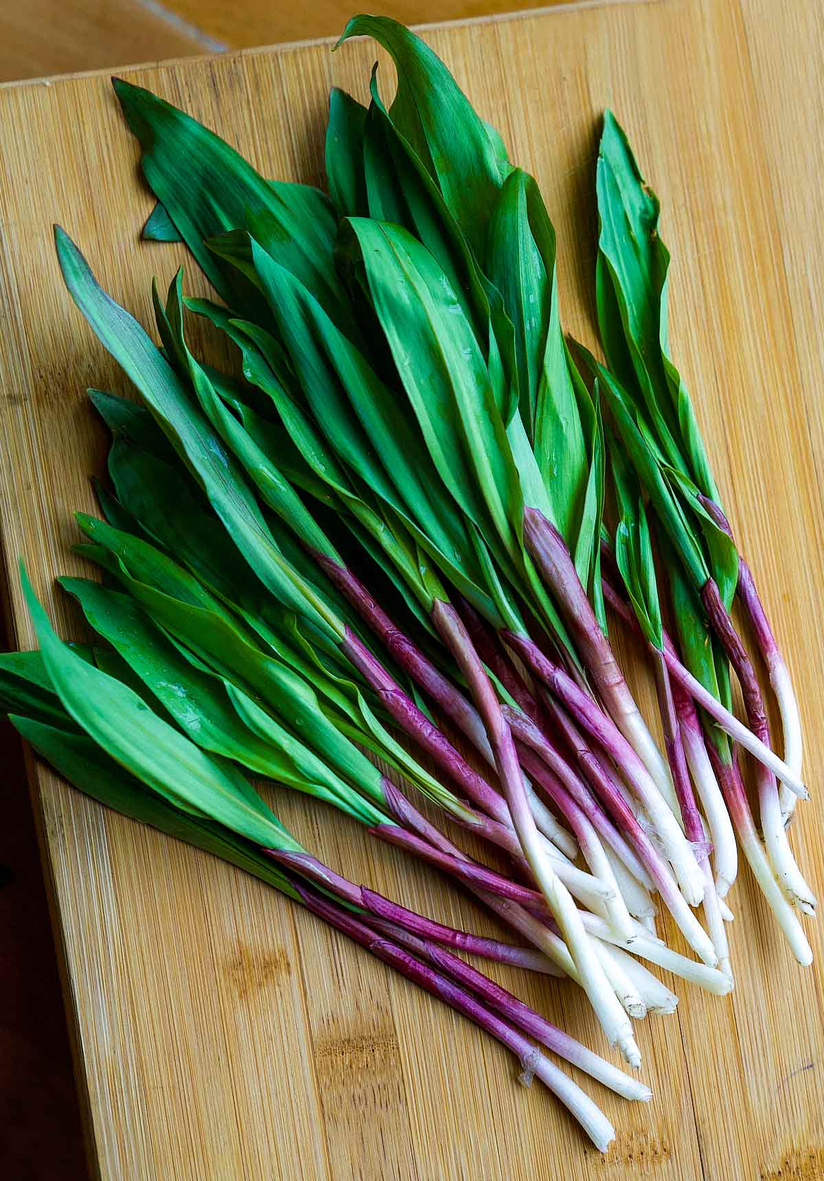 A pile of fresh ramps on a wooden cutting board in preparation to be made into seared ramps.
