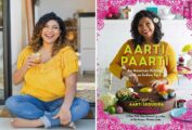 A split image of Aarti sitting outside with a drink in her hand and the cover of her cookbook, Aarti Paarti.
