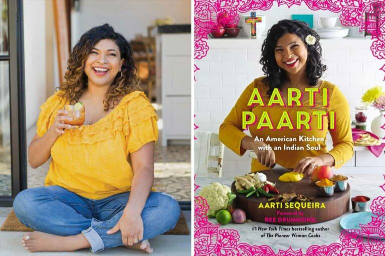 A split image of Aarti sitting outside with a drink in her hand and the cover of her cookbook, Aarti Paarti.